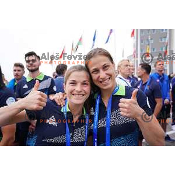 Marusa Stangar and Anja Stangar of Slovenia judo team at official opening of Athletes Village at 2.European Games in Minsk, Belarus on June 20, 2019