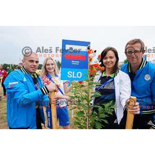 Aljaz Venko and Ziva Dvorsak plant a tree at official opening of Athletes Village at 2.European Games in Minsk, Belarus on June 20, 2019