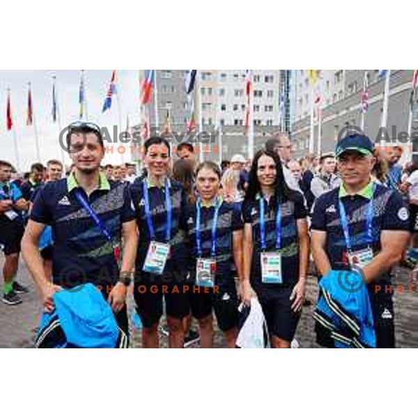 Bujak, Eugenia Bujak, Urska Bravec, Ursa Pintar and coach Gorazd Penko of Slovenia team at official opening of Athletes Village at 2.European Games in Minsk, Belarus on June 20, 2019