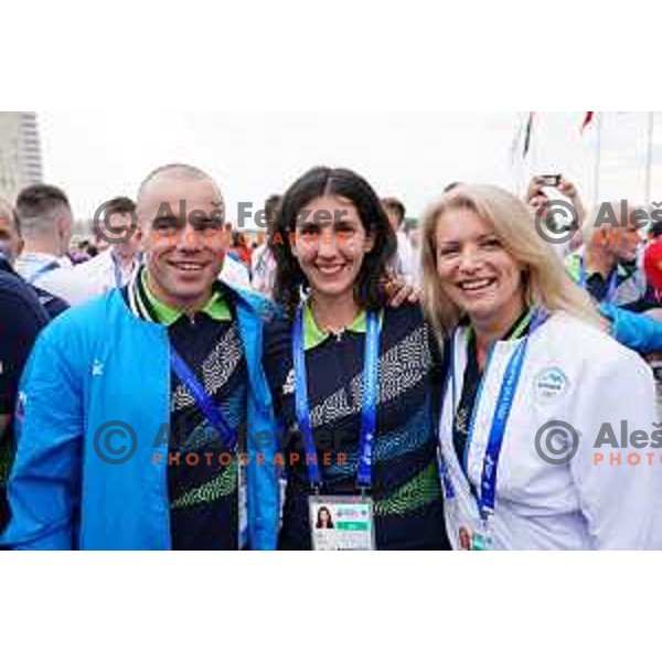Aljaz Venko, Alex Galic and coach Vesna Ojstersek of Slovenia team at official opening of Athletes Village at 2.European Games in Minsk, Belarus on June 20, 2019