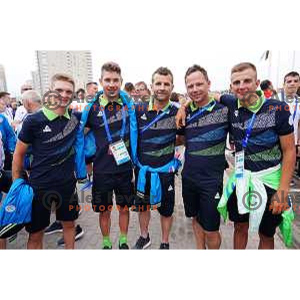 Jaka Primozic, Nik Cemazar, Andrej Hauptman, Matej Stare and Ziga Jerman of Slovenia cycling team at official opening of Athletes Village at 2.European Games in Minsk, Belarus on June 20, 2019
