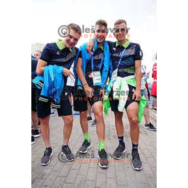 Jaka Primozic, Nik Cemazar and Ziga Jerman of Slovenia cycling team at official opening of Athletes Village at 2.European Games in Minsk, Belarus on June 20, 2019