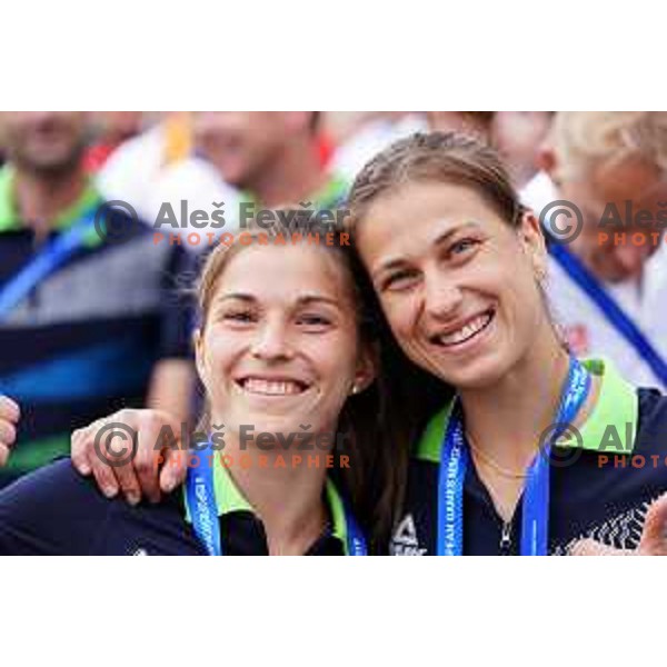 Marusa Stangar and Anja Stangar of Slovenia judo team at official opening of Athletes Village at 2.European Games in Minsk, Belarus on June 20, 2019