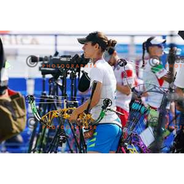 Toja Ellison (SLO) competes in Women\'s Compound Individual Qualification Round at 2. European Games in Minsk, Belarus on June 21, 2019