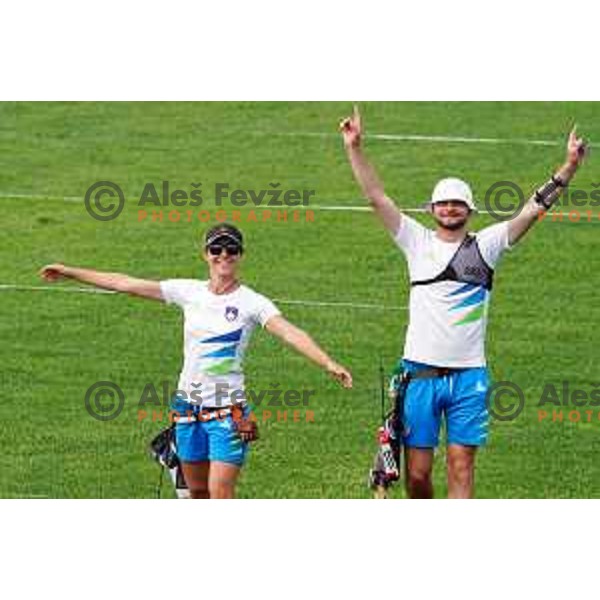 Toja Ellison (SLO) competes in Women\'s Compound Individual and Rok Bizjak competes in Men\'s Recurve Individual Qualification Round at 2. European Games in Minsk, Belarus on June 21, 2019