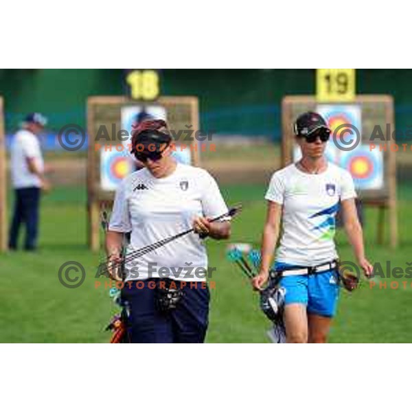Marcella Tonioli (ITA) and Toja Ellison (SLO) compete in Women\'s Compound Individual Qualification Round at 2. European Games in Minsk, Belarus on June 21, 2019