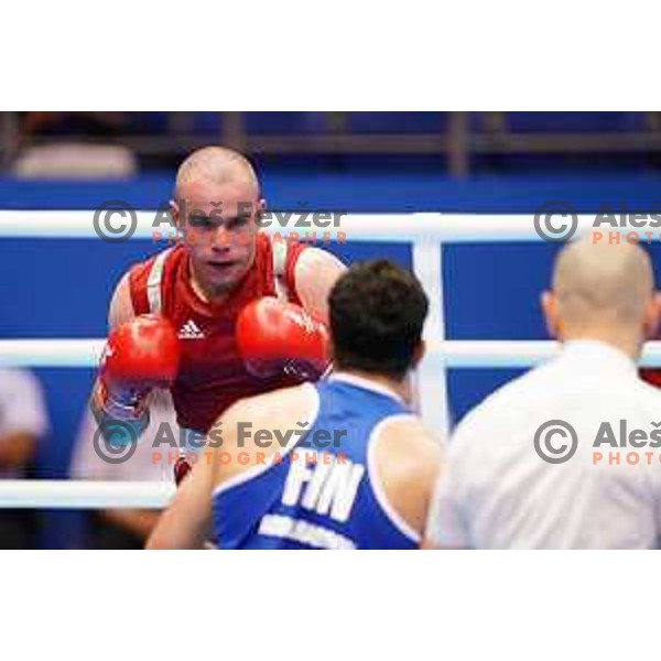 Aljaz Venko (SLO, red) fights Abdilrasoon (FIN, blue) in first round of boxing tournament at 2. European Games in Minsk, Belarus on June 21, 2019