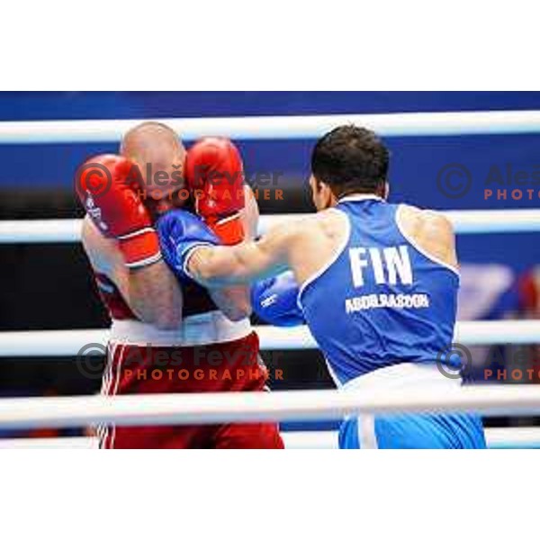 Aljaz Venko (SLO, red) fights Abdilrasoon (FIN, blue) in first round of boxing tournament at 2. European Games in Minsk, Belarus on June 21, 2019