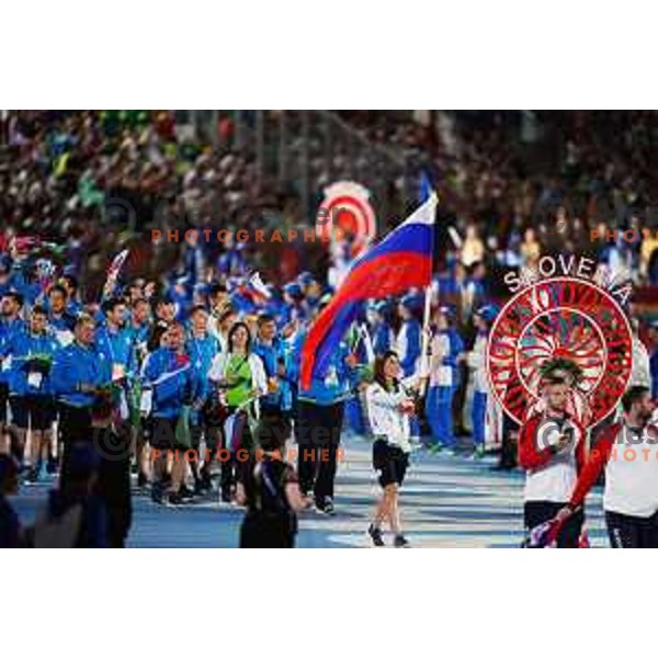 Toja Ellison, flag bearer of Slovenia team at Opening Ceremony of 2nd European Games, Minsk, Belarus