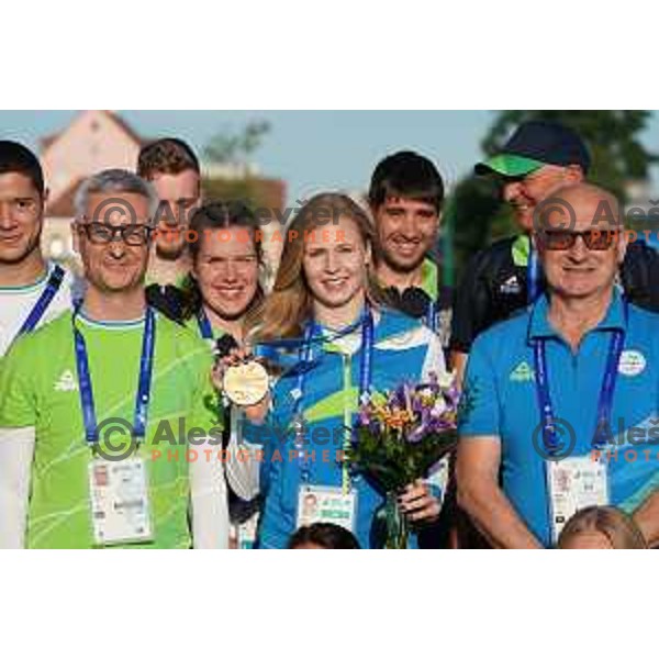 Jernej Pikalo, Maja Mihalinec, winner of Women\'s 100 meters in Athletics at 2nd European Games, Minsk, Belarus with gold medal at prize giving ceremony on June 24, 2019 and Bogdan Gabrovec
