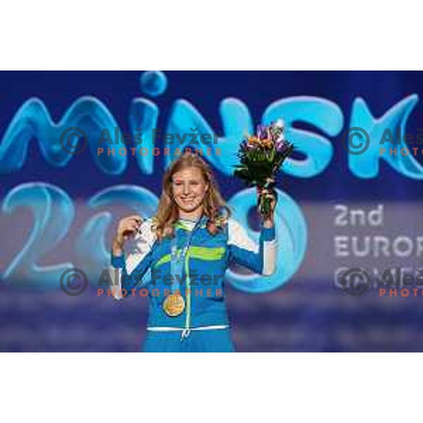 Maja Mihalinec, winner of Women\'s 100 meters in Athletics at 2nd European Games, Minsk, Belarus with gold medal at prize giving ceremony on June 24, 2019