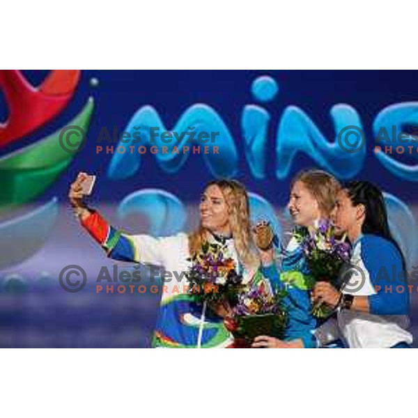 Maja Mihalinec, winner of Women\'s 100 meters in Athletics at 2nd European Games, Minsk, Belarus with gold medal at prize giving ceremony on June 24, 2019