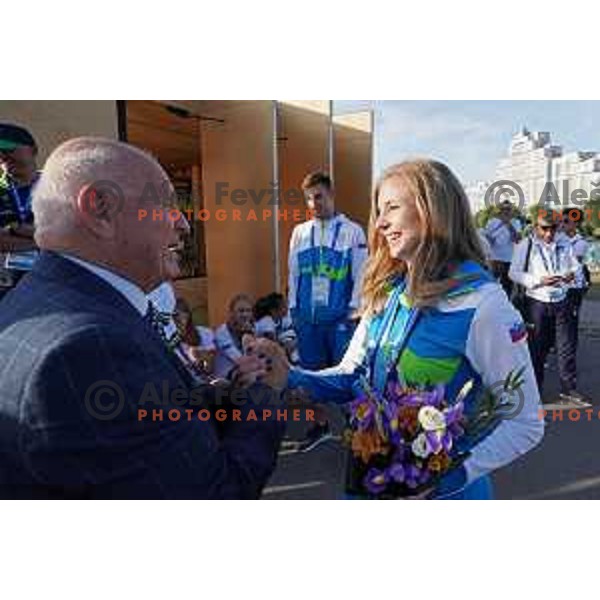 Janez Kocijancic and Maja Mihalinec, winner of Women\'s 100 meters in Athletics at 2nd European Games, Minsk, Belarus with gold medal at prize giving ceremony on June 24, 2019