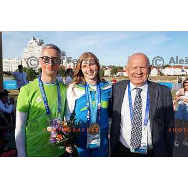 Jernej Pikalo, Maja Mihalinec, winner of Women\'s 100 meters in Athletics at 2nd European Games at Dinamo Stadium, Minsk, Belarus receiving her medal at prize giving ceremony on June 24, 2019 and Janez Kocijancic