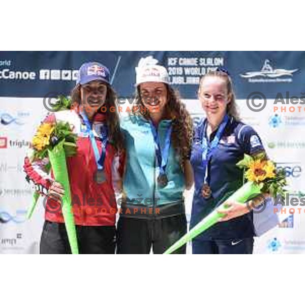 Viktoria Wolffhardt (AUT), Jessica Fox (AUS) and Evy Leibfarth (USA) on the podium at ICF Kayak and Canoe World Cup slalom on Sava river, Tacen, Ljubljana, Slovenia on June 30, 2019