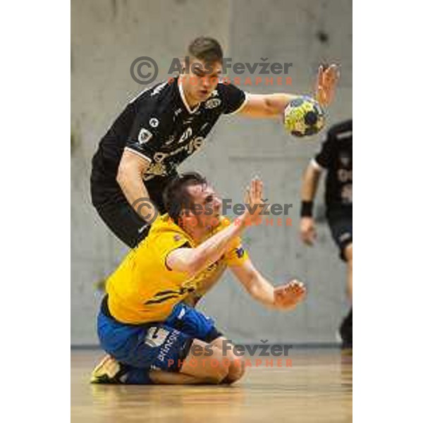 Jernej Drobez vs Josip Sarac in action during Slovenian Supercup handball match between Gorenje Velenje and Celje Pivovarna Lasko in Slovenj Gradec, Slovenia on August 30, 2019