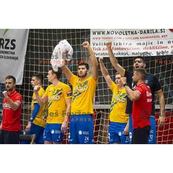 Tobias Cvetko, Domen Novak, Stefan Zabic celebrating during Slovenian Supercup handball match between Gorenje Velenje and Celje Pivovarna Lasko in Slovenj Gradec, Slovenia on August 30, 2019