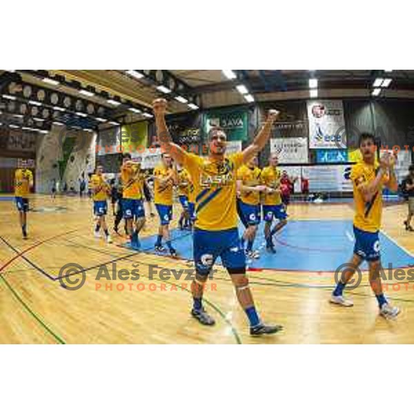 Players of Celje Pivovarna Lasko celebrating during Slovenian Supercup handball match between Gorenje Velenje and Celje Pivovarna Lasko in Slovenj Gradec, Slovenia on August 30, 2019