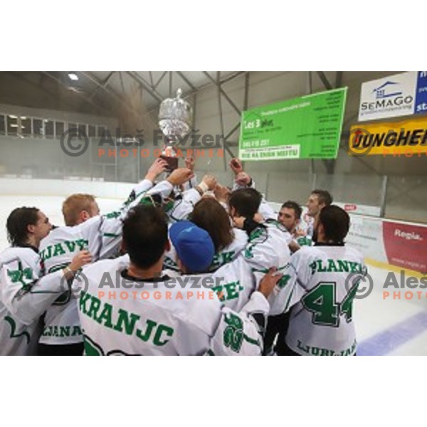 Players of SZ Olimpija celebrate victory in Slovenian Cup Final ice-hockey match between SZ Olimpija and Acroni Jesenice in Kranj on September 7, 2019