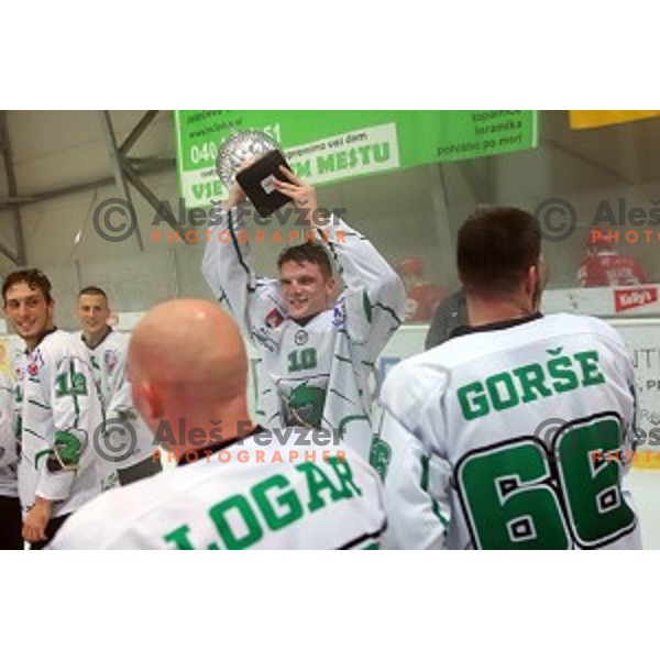 Mark Sever of SZ Olimpija celebrates victory in Slovenian Cup Final ice-hockey match between SZ Olimpija and Acroni Jesenice in Kranj on September 7, 2019