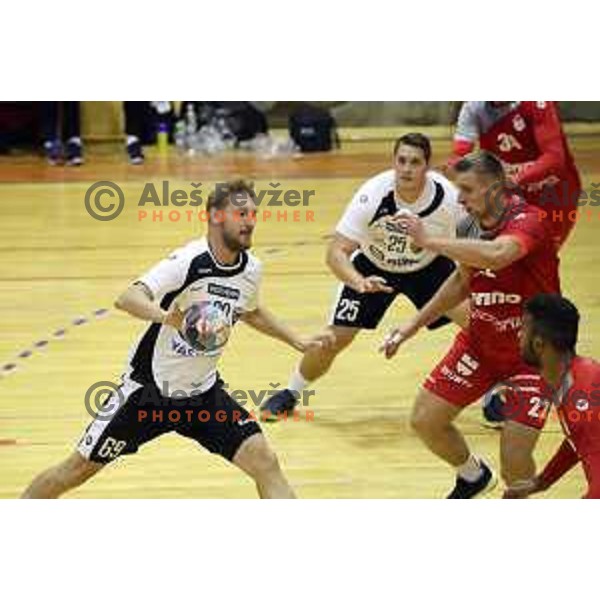 Miha Tomsic of Riko Ribnica in action in second round qualifiaction for EHF Europa league handball match between Riko Ribnica and SKA Minsk in Ribnica Sports Hall, Slovenia on October 5, 2019