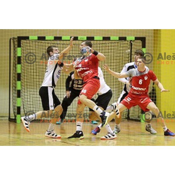 action in second round qualifiaction for EHF Europa league handball match between Riko Ribnica and SKA Minsk in Ribnica Sports Hall, Slovenia on October 5, 2019