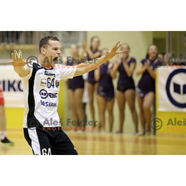 Jan Pucelj of Riko Ribnica in action in second round qualifiaction for EHF Europa league handball match between Riko Ribnica and SKA Minsk in Ribnica Sports Hall, Slovenia on October 5, 2019