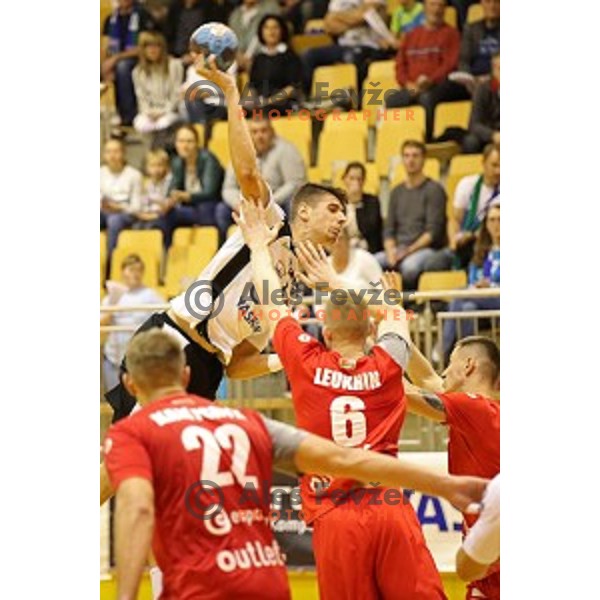 Gasper Horvat of Riko Ribnica in action in second round qualifiaction for EHF Europa league handball match between Riko Ribnica and SKA Minsk in Ribnica Sports Hall, Slovenia on October 5, 2019