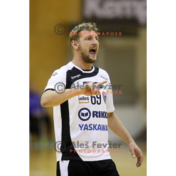Miha Tomsic of Riko Ribnica in action in second round qualifiaction for EHF Europa league handball match between Riko Ribnica and SKA Minsk in Ribnica Sports Hall, Slovenia on October 5, 2019