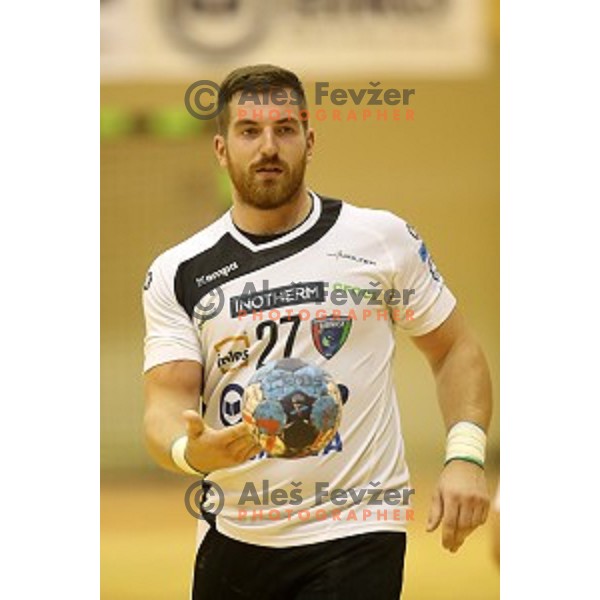 Blaz Nosan of Riko Ribnica in action in second round qualifiaction for EHF Europa league handball match between Riko Ribnica and SKA Minsk in Ribnica Sports Hall, Slovenia on October 5, 2019