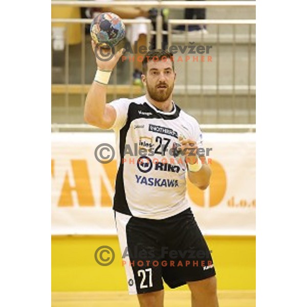 Blaz Nosan of Riko Ribnica in action in second round qualifiaction for EHF Europa league handball match between Riko Ribnica and SKA Minsk in Ribnica Sports Hall, Slovenia on October 5, 2019