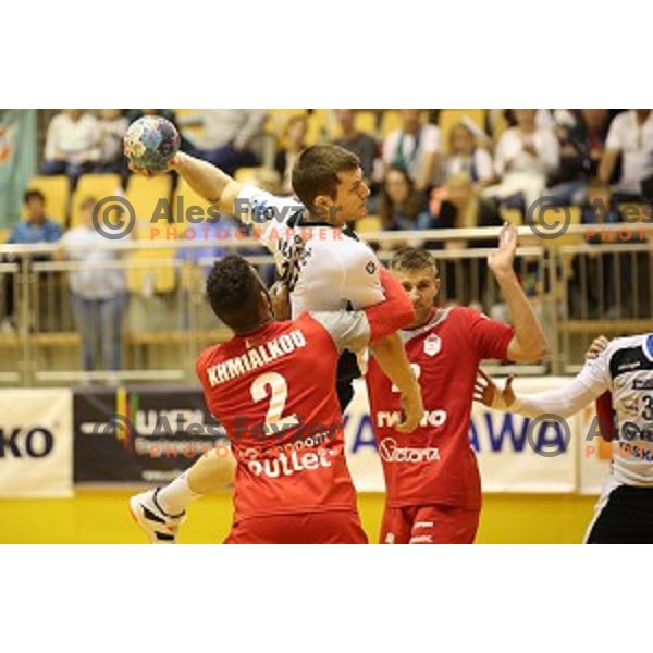 Gasper Horvat of Riko Ribnica in action in second round qualifiaction for EHF Europa league handball match between Riko Ribnica and SKA Minsk in Ribnica Sports Hall, Slovenia on October 5, 2019