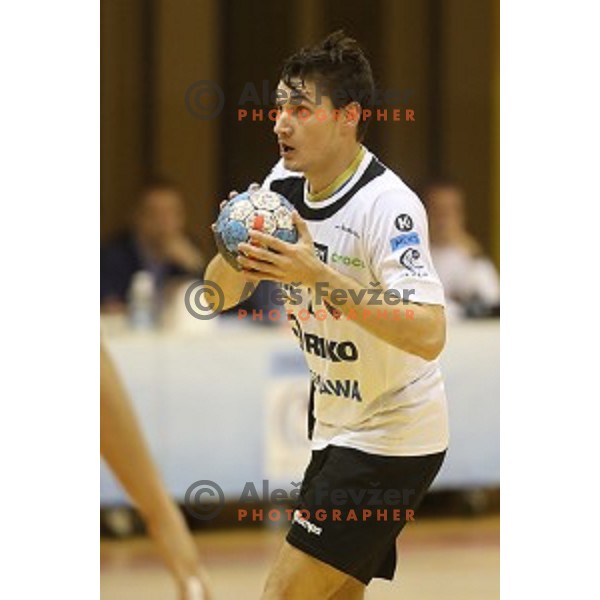 Tilen Strmljan of Riko Ribnica in action in second round qualifiaction for EHF Europa league handball match between Riko Ribnica and SKA Minsk in Ribnica Sports Hall, Slovenia on October 5, 2019