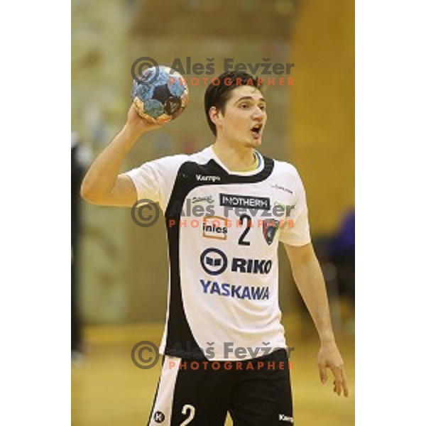 Tilen Strmljan of Riko Ribnica in action in second round qualifiaction for EHF Europa league handball match between Riko Ribnica and SKA Minsk in Ribnica Sports Hall, Slovenia on October 5, 2019