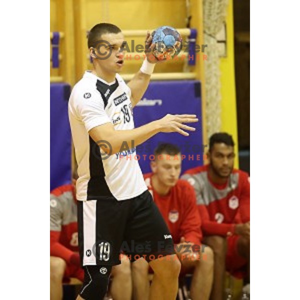 Stefan Ranisavljevic of Riko Ribnica in action in second round qualifiaction for EHF Europa league handball match between Riko Ribnica and SKA Minsk in Ribnica Sports Hall, Slovenia on October 5, 2019