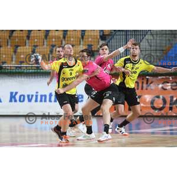 Domen Tajnik and Matic Groselj in action during 1.NLB league handball match between Celje Pivovarna Lasko and Gorenje Velenje in Arena Zlatorog, Celje, Slovenia on October 9, 2019