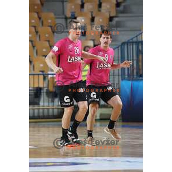 Jan Grebenc and David Razgor in action during 1.NLB league handball match between Celje Pivovarna Lasko and Gorenje Velenje in Arena Zlatorog, Celje, Slovenia on October 9, 2019