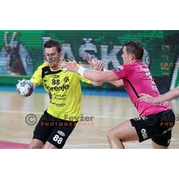 Grega Oklescen and Vid Poteko in action during 1.NLB league handball match between Celje Pivovarna Lasko and Gorenje Velenje in Arena Zlatorog, Celje, Slovenia on October 9, 2019