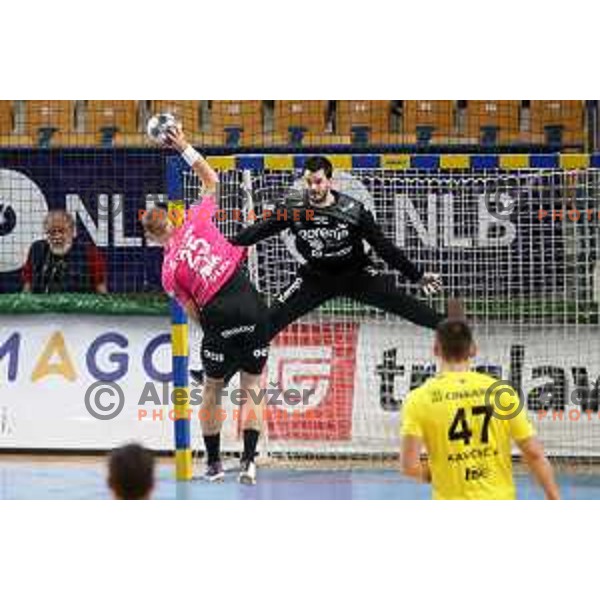 Emir Taletovic in action during 1.NLB league handball match between Celje Pivovarna Lasko and Gorenje Velenje in Arena Zlatorog, Celje, Slovenia on October 9, 2019