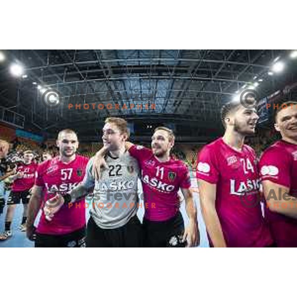 Patrik Leban, Klemen Ferlin and Gal Marguc celebrate victory at Velux EHF Champions League 2019/20 handball match between Celje Pivovarna Lasko and Elverum in Zlatorog Arena, Celje, Slovenia on October 20, 2019
