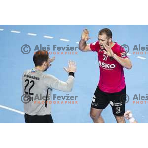 Klemen Ferlin and Patrik Leban in action during Velux EHF Champions League 2019/20 handball match between Celje Pivovarna Lasko and Elverum in Zlatorog Arena, Celje, Slovenia on October 20, 2019