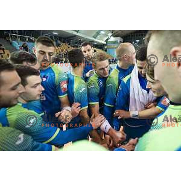 Tilen Kodrin and other players of Slovenia celebrating after preparatory handball match between team Slovenia and Serbia in Lukna, Maribor, Slovenia on October 27, 2019
