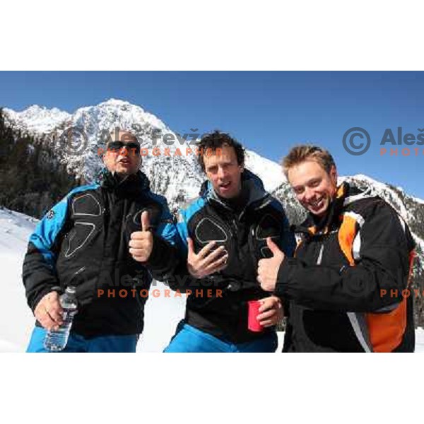 Primoz Hauptman, Matjaz Sogoric and Igor Trsan (left to right) after 7th run on perfect day for deep powder heli skiing with RK Heliski in Canadian Rockies and Purcell Mountains, starting from Panorama mountain village, British Columbia, Canada on 6th of 