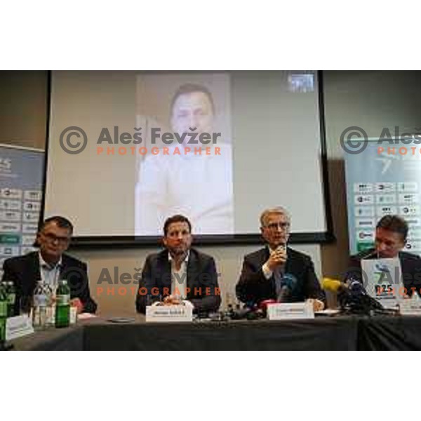Bostjan Kozole, Franjo Bobinac and Bor Rozman of Slovenia handball Federation during press conference in Ljubljana on December 17, 2019 where Ljubomir Vranjes ( picture on the wall) was appointed as new head coach of Slovenia