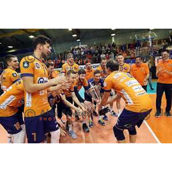 Players of ACH Volley celebrate victory in the Final of Slovenian Volleyball Cup match between ACH Volley and Merkur Maribor in Kamnik Sports hall, Slovenia on January 19, 2020