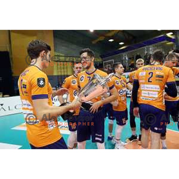 Players of ACH Volley celebrate victory in the Final of Slovenian Volleyball Cup match between ACH Volley and Merkur Maribor in Kamnik Sports hall, Slovenia on January 19, 2020