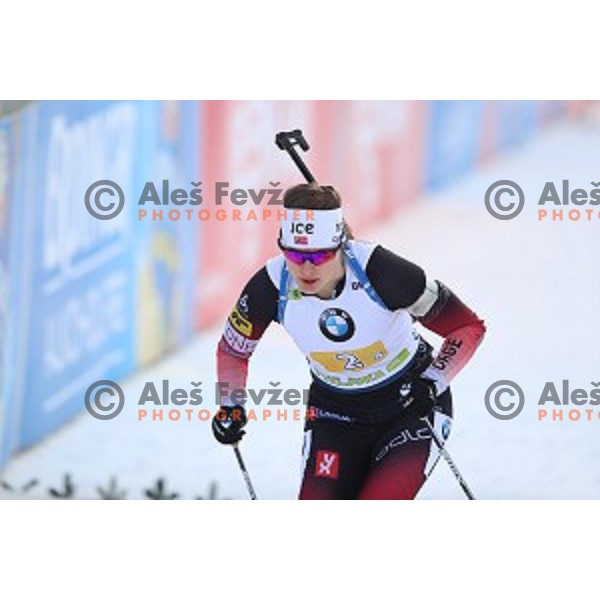 Synnove Solemdal (NOR) competing in Mixed 4x7.5 km Relay at IBU Biathlon World Cup, Pokljuka, Slovenia on January 25, 2020