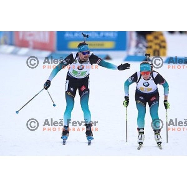Simon Desthieux and Justine Braisaz (FRA) competes in Mixed 4x7.5 km Relay at IBU Biathlon World Cup, Pokljuka, Slovenia on January 25, 2020