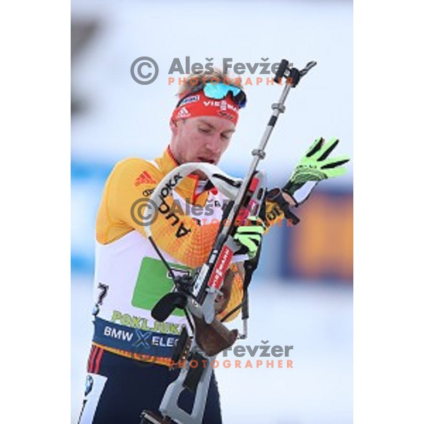 Johannes Kuehn (GER) competes in Mixed 4x7.5 km Relay at IBU Biathlon World Cup, Pokljuka, Slovenia on January 25, 2020