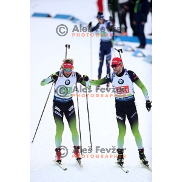 Klemen Bauer and Jakov Fak (SLO) competing in Mixed 4x7.5 km Relay at IBU Biathlon World Cup, Pokljuka, Slovenia on January 25, 2020